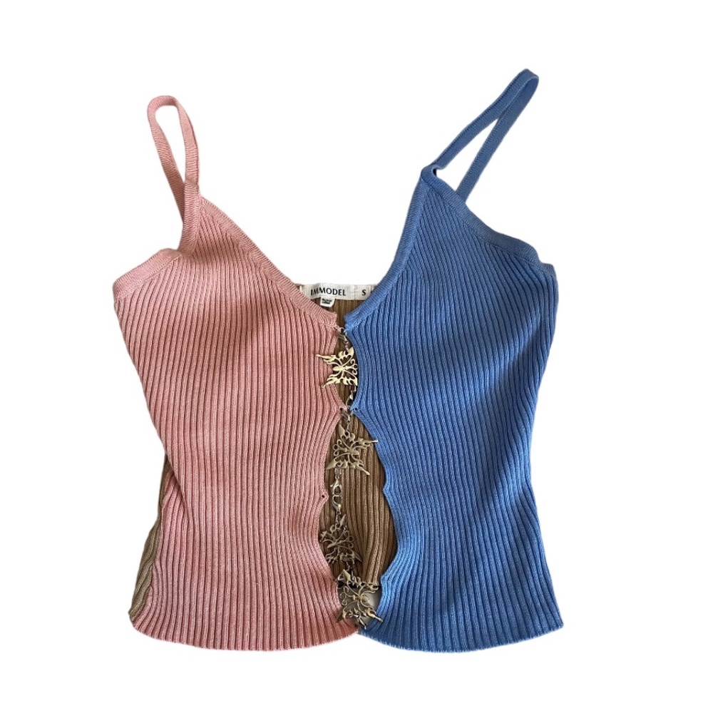 Color block ribbed Immodel cut out  tank spaghetti straps butterfly chain detail